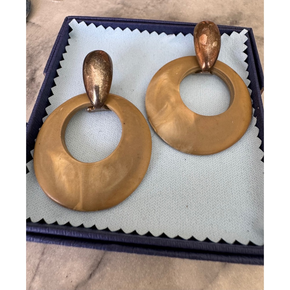 Vintage Marbled Ochre Resin Hoop Drop Earrings Metallic Teardrop Statement Studs